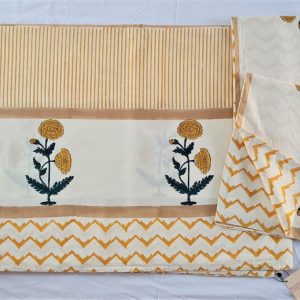Yellow Strips & Yellow Flower Design White Bed Sheet