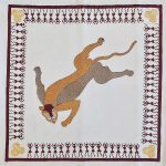 Tiger Gond Art Design With Warli Design Boarder White Colour Cushion Cover